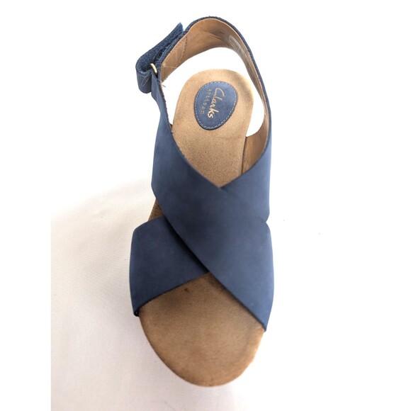 Clarks Caslyn Lizzie Women’s Wedge Sandals Blue Suede Size 8 Cork Heel - Picture 2 of 7